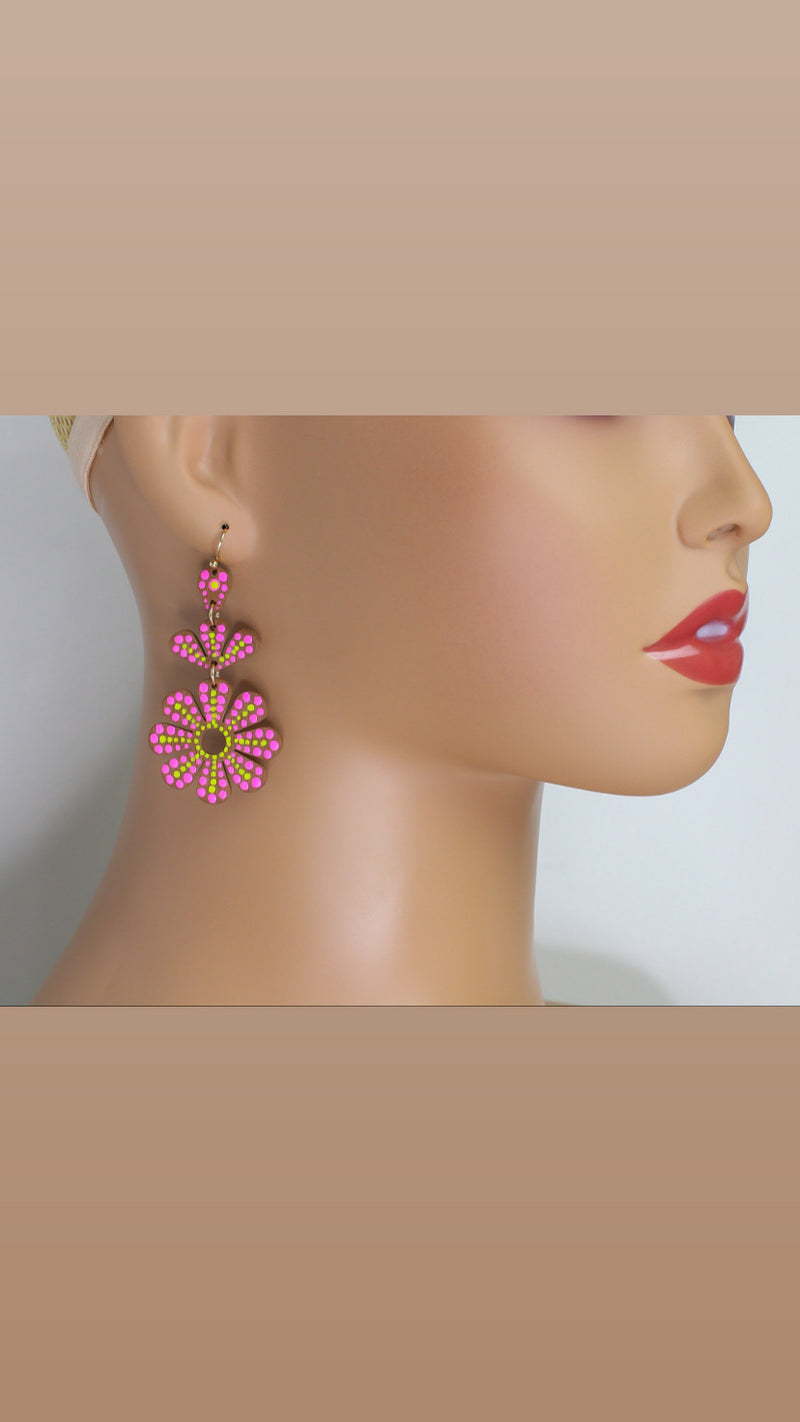 Hand Painted Fuchsia Flower Earrings, Lightweight Statement Earrings, Bohemian & Cottagecore Style